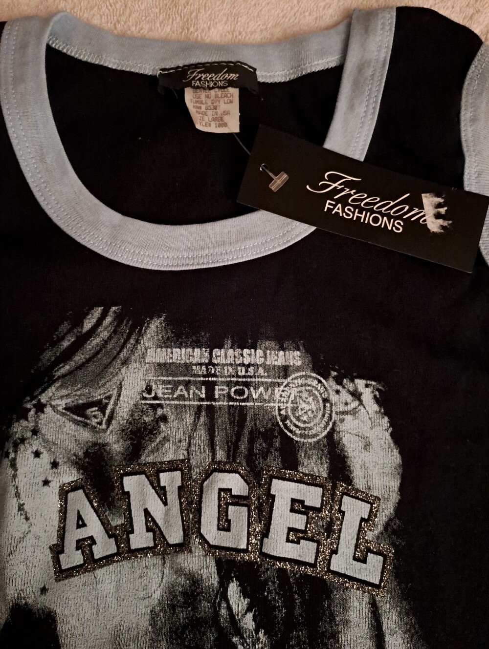 NEW- BABY BLUE, BLACK, TANK TOP SLEEVELESS T, SAYS "JEAN POWER" 4-6, 6, 8 Firm